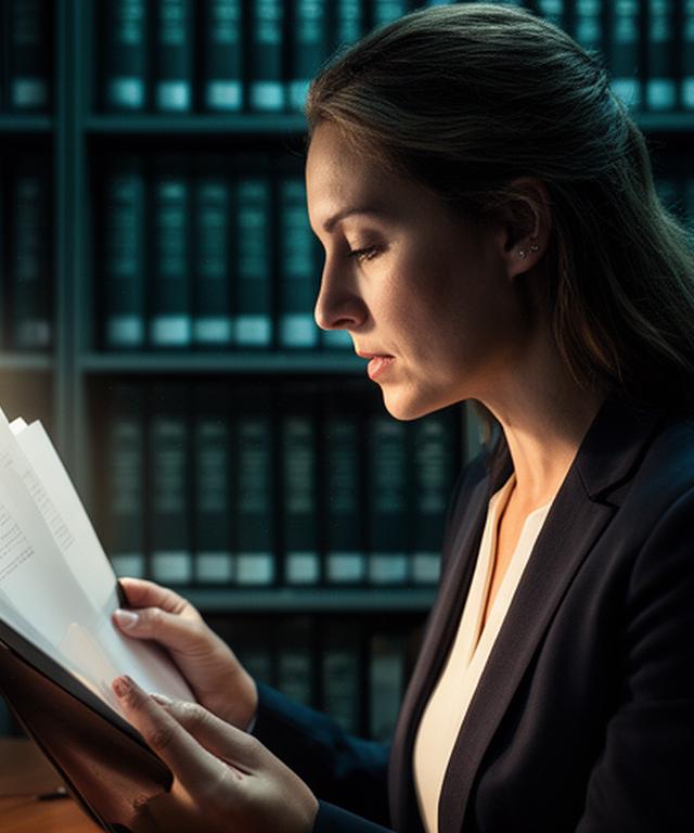 Carmen Vallejo estudiando un expediente con pared de archivos al fondo y luz intensa de despacho