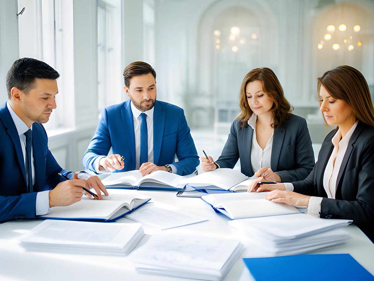 Equipo jurídico revisando expedientes en una sala luminosa de Madrid con planos y carpetas abiertas